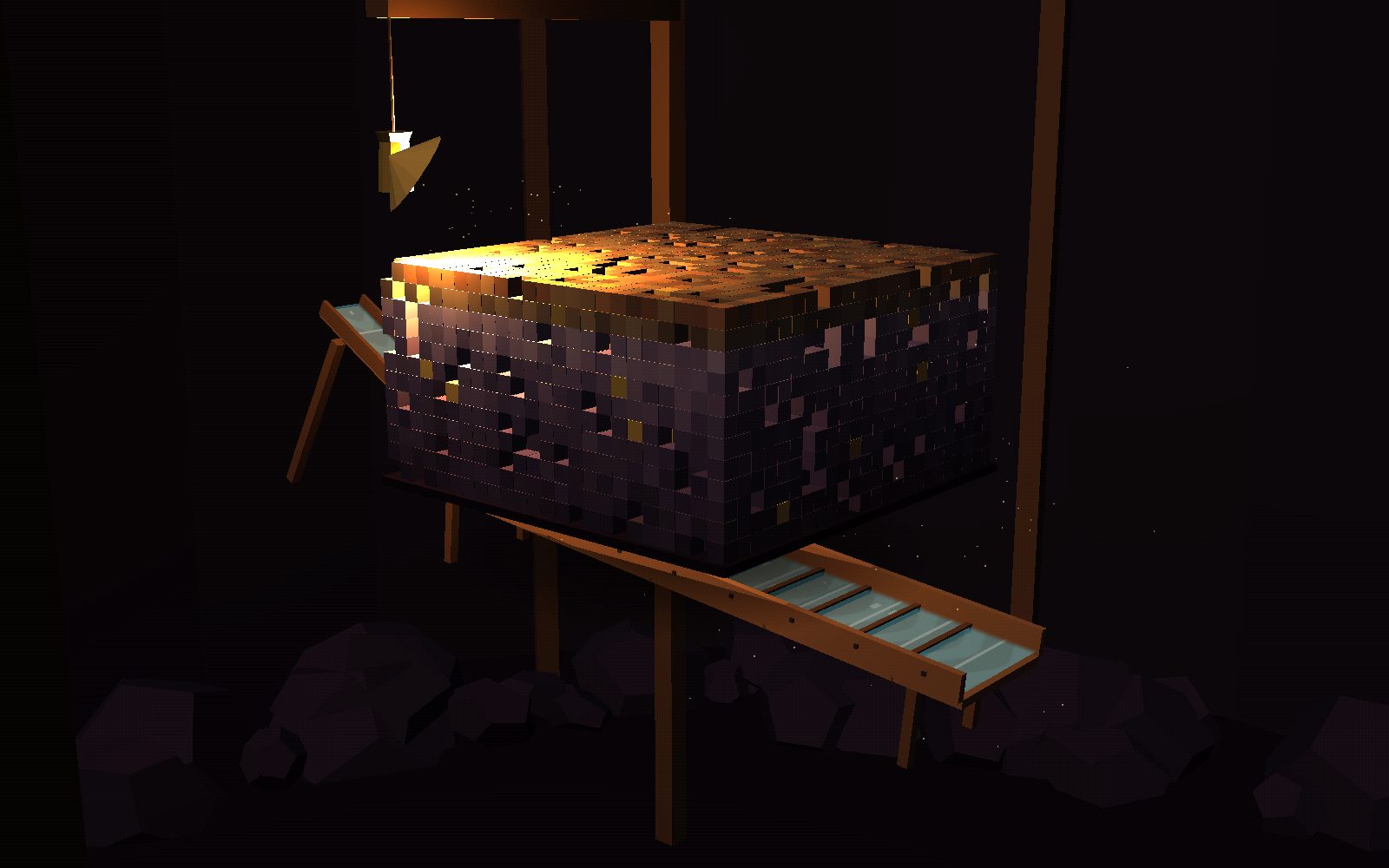 A voxel claim block lit by a carbide lamp above a timber sluice box
